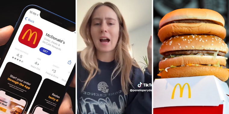 McDonald's App(l), Woman talking(c), McDonald's burgers(r)