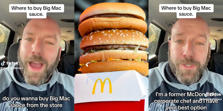 Man talking to camera(l+r), McDonald's burgers on top of box(c)