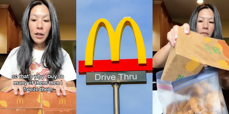 Woman with boxes from McDonalds(l), McDonald's Drive Thru Arches(c), Woman putting chicken nuggets in plastic bag from box(r)