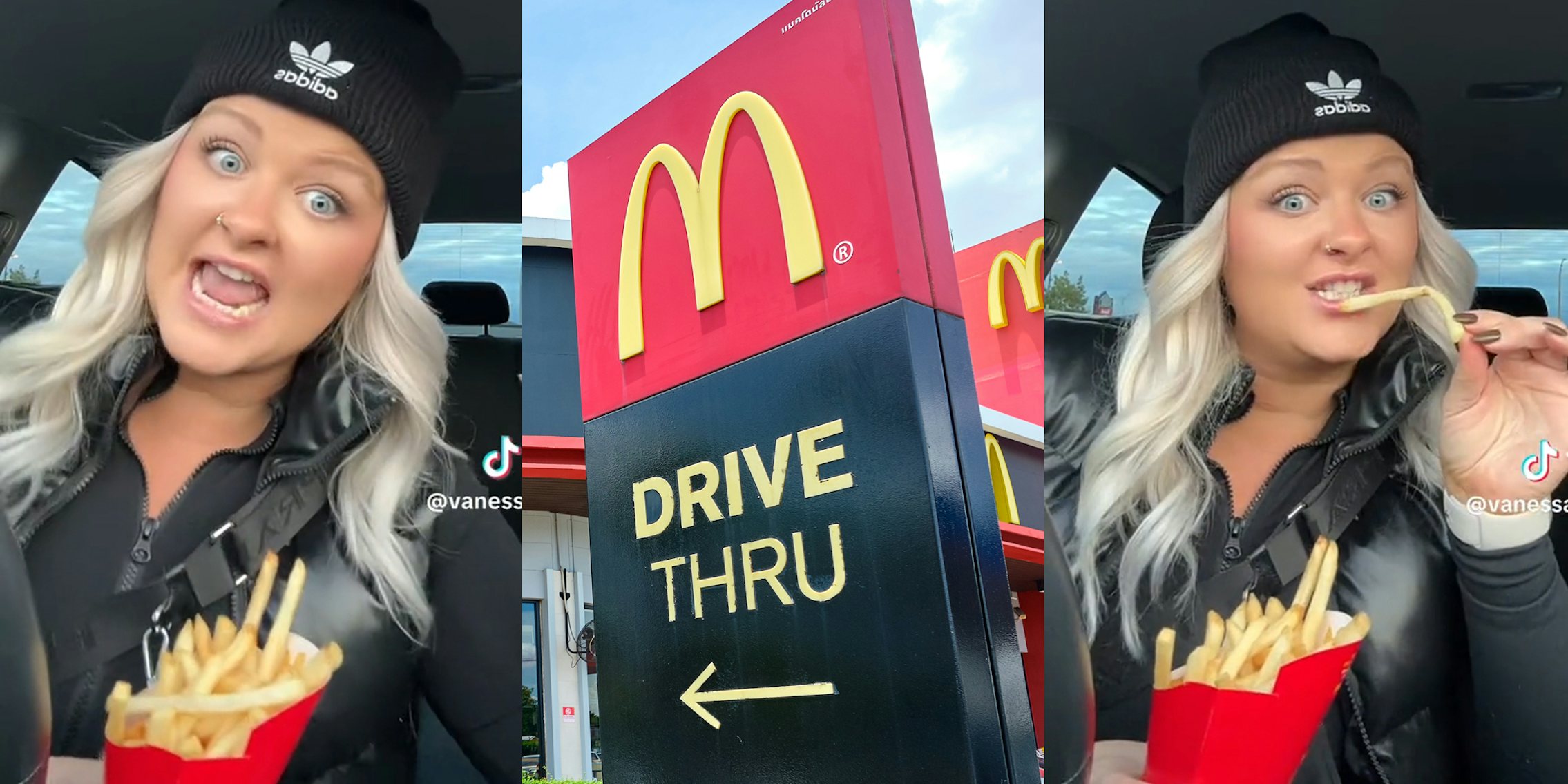 Woman talking while holding fries(l+r), McDonald's drive thru sign(c)