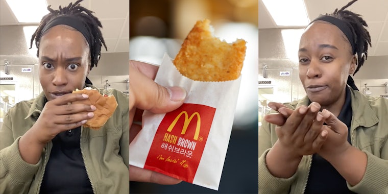 Woman talking to camera looking confused(l+r), McDonald's hashbrown(c)