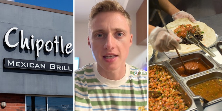 Chipotle storefront(l), Man talking to camera(c), Chipotle worker making burrito(r)