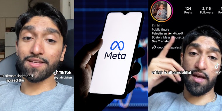 Man speaking to camera(l), Hand holding phone open with Meta App(c), Same man showing his instagram profile(r)