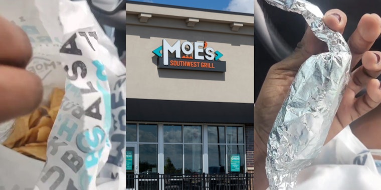 Moe's customer reaching into bag (l) Moe's building with sign (c) Moe's customer holding small burrito (r)