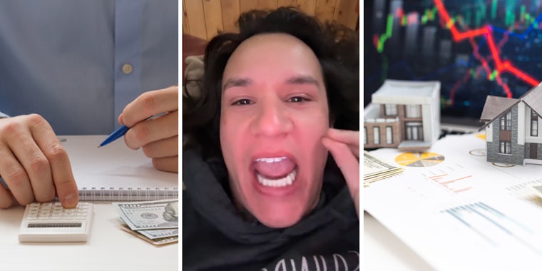 man calculating payment while holding pen to notepad (l) man speaking in front of wood paneling background (c) mortgage rate concept, 2 houses with cash over paperwork in front of chart background (r)
