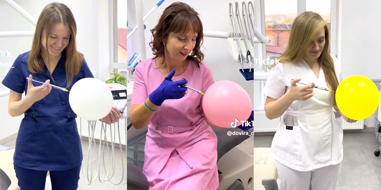 Woman in blue putting a needle into a white balloon(l), A woman in pink putting a needle into a pink balloon(c), a woman in white putting a needle in a yellow balloon(r)