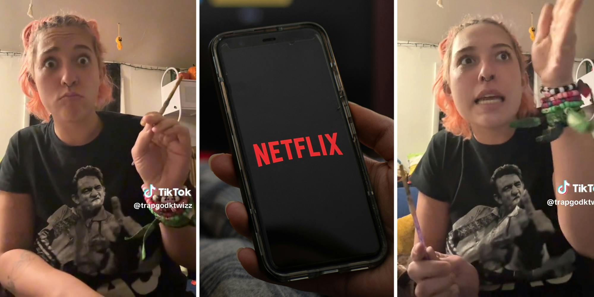 Woman talking to camera(l+r), Hand holding phone with netflix app