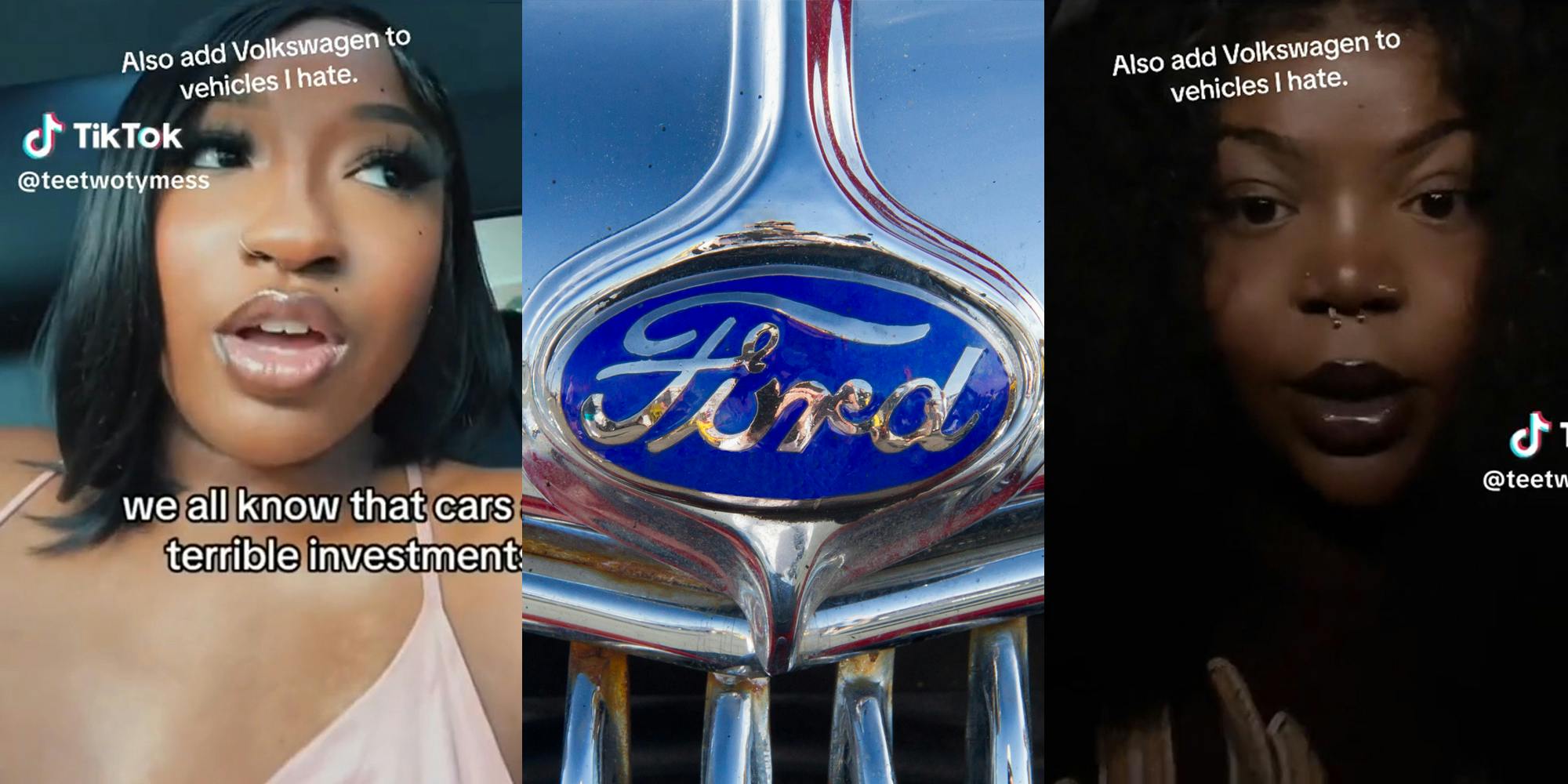 Woman talking to camera(l), Close up of Ford Logo(c), Different woman taking to camera(r)
