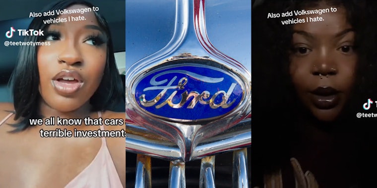 Woman talking to camera(l), Close up of Ford Logo(c), Different woman taking to camera(r)