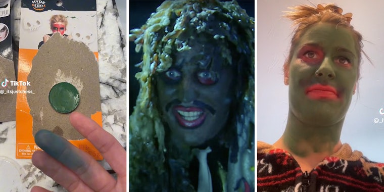 Stained hand in front of face paint(l), Screengra of Old Gregg video(c), Woman with face painted green(r)