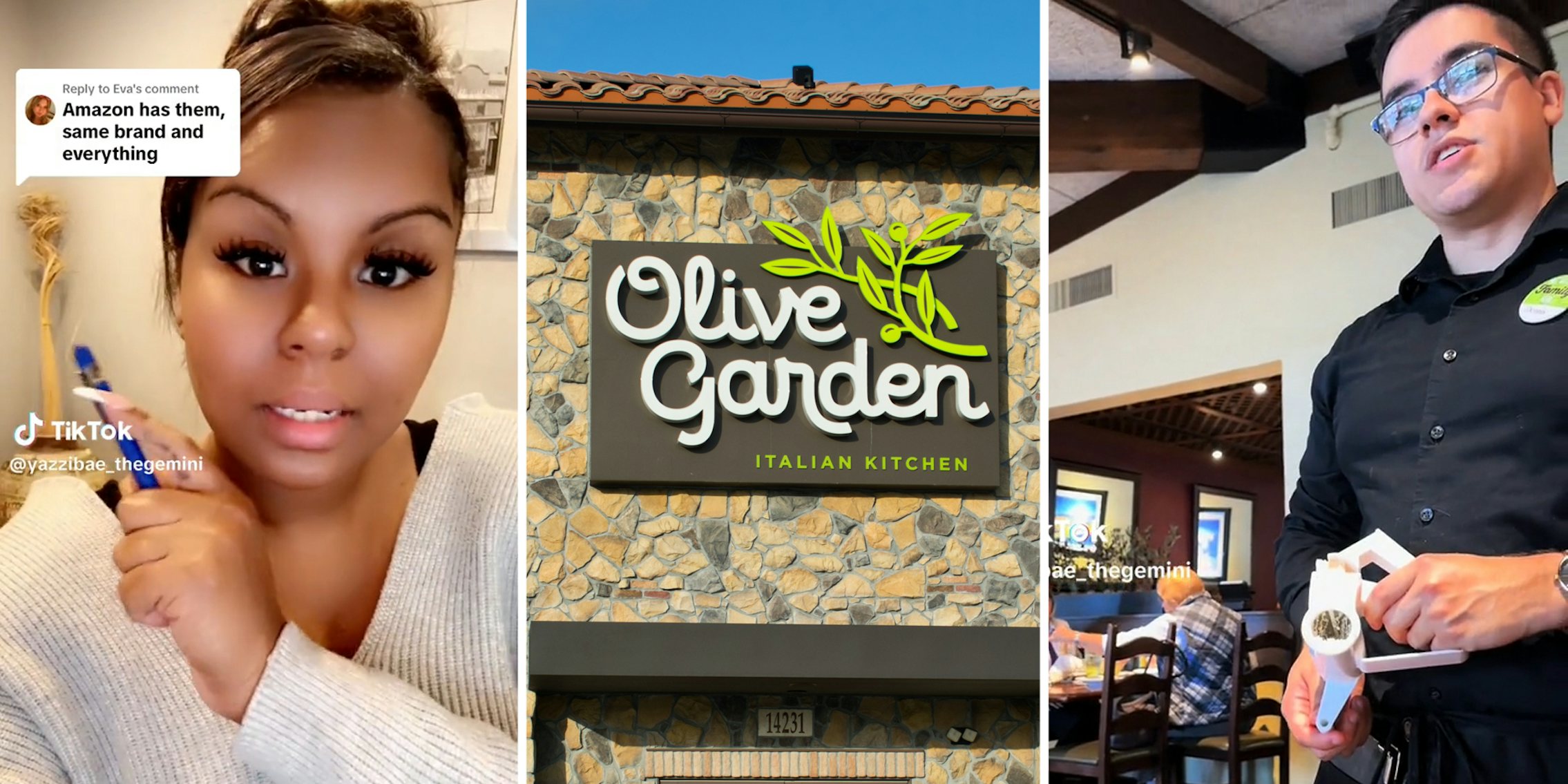 Woman talking to camera pointing(l), Olive Garden storefront(c), Olive garden waiter with cheese grater(r)