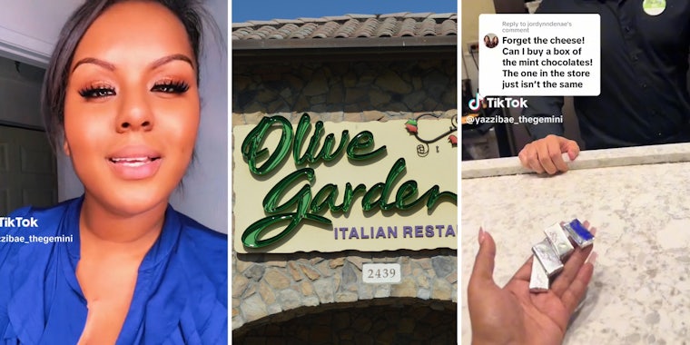 Woman talking(l), Olive Garden storefront(c), Hand holding chocolates(r)