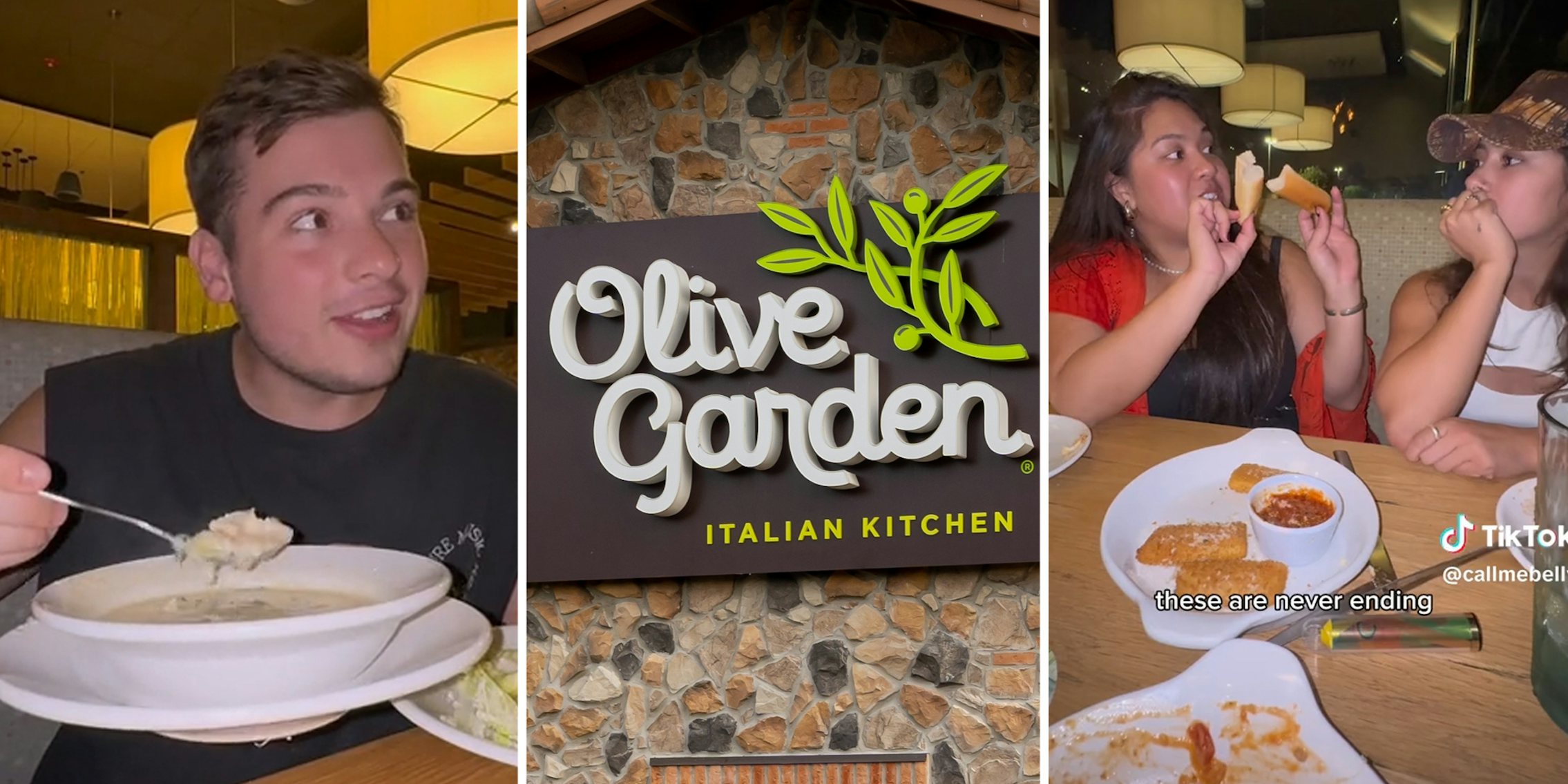 Man eating soup(l), Olive Garden storefront(c), Two women eating food(r)