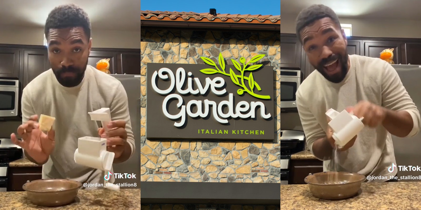 Man holding cheese block and chese grater(l), Olive Garden storefront(c), Man happy while grating cheese(r)