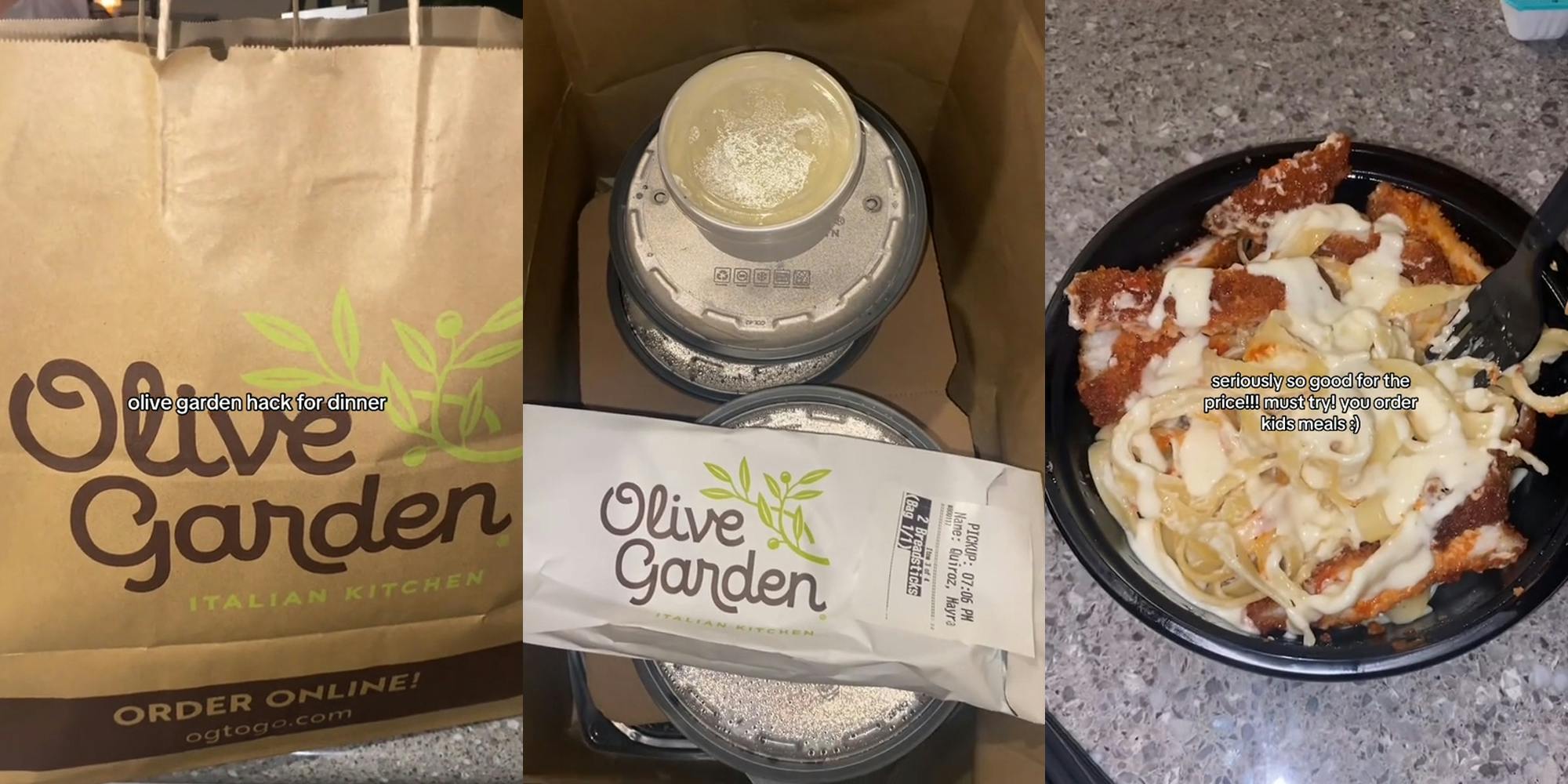 Olive Garden bag with caption "olive garden hack for dinner" (l) Olive Garden bag filled with foood (c) Olive Garden pasta and chicken with caption "seriously so good for the price!!! must try! you order kids meals :)" (r)
