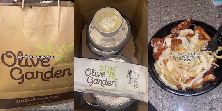 Olive Garden bag with caption 'olive garden hack for dinner' (l) Olive Garden bag filled with foood (c) Olive Garden pasta and chicken with caption 'seriously so good for the price!!! must try! you order kids meals :)' (r)