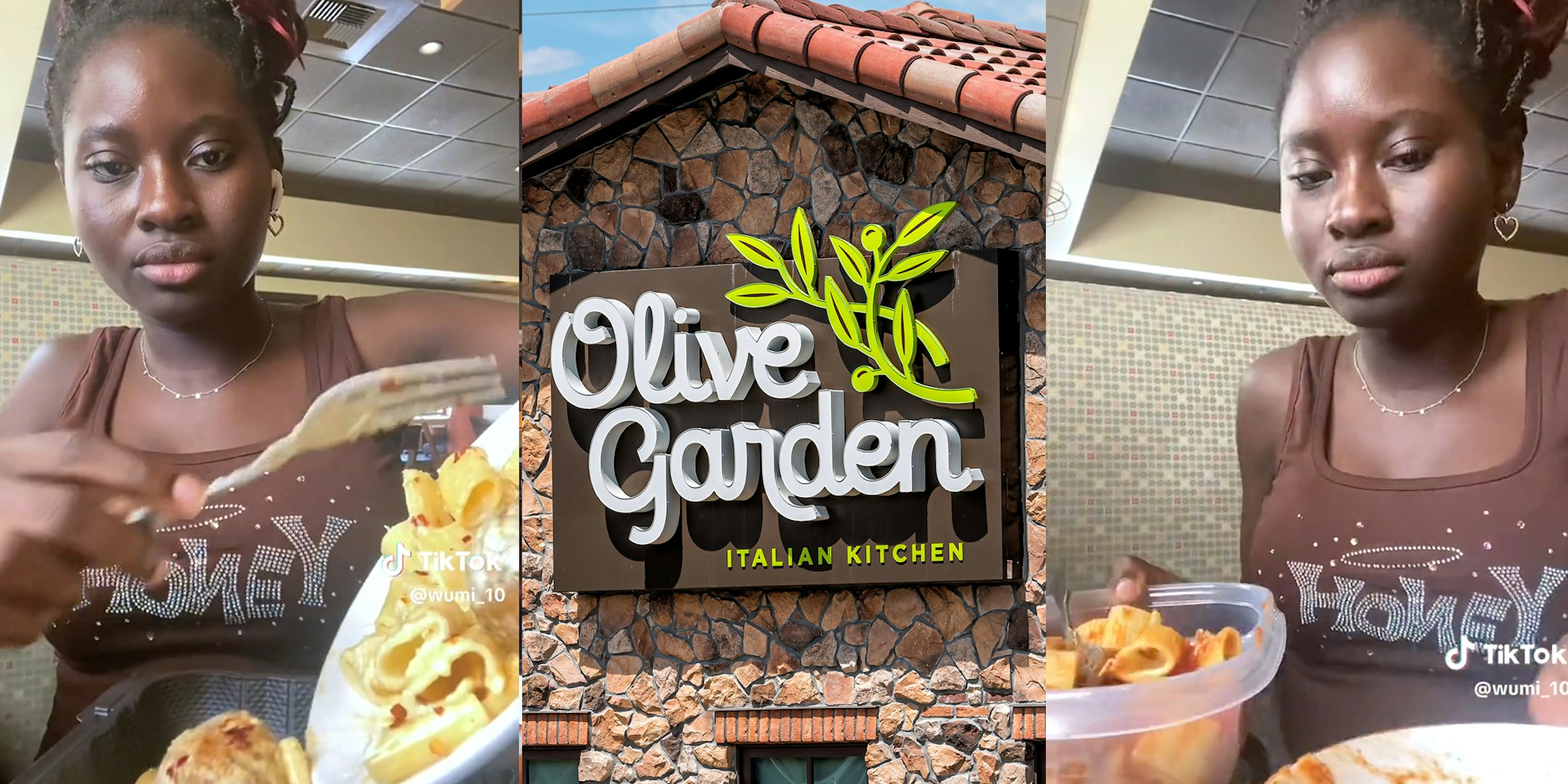 Woman putting poster in tupperware(l+r), Olive Garden sign on restaurant front(c)