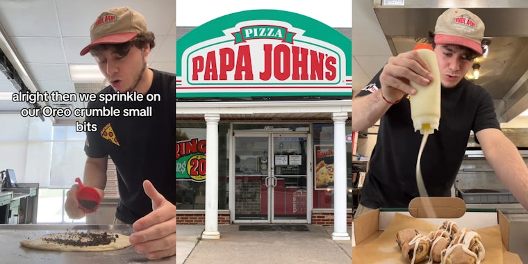 Papa John's worker making Oreo bites with caption 'alright then we sprinkle on our Oreo crumble small bits' (l) Papa John's sign on building (c) Papa John's worker drizzling cream onto Oreo bites (r)