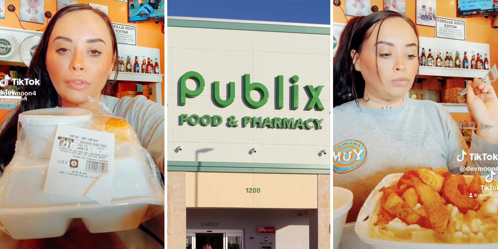 Woman showing off Publix food box(l+r), Publix storefront(c)