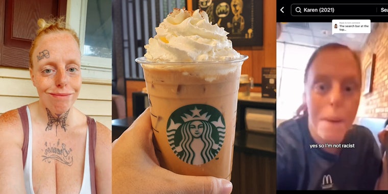 woman on porch (l) pumpkin spice latte (c) woman in McDonald's shirt with caption 'yes so I'm not racist' (r)