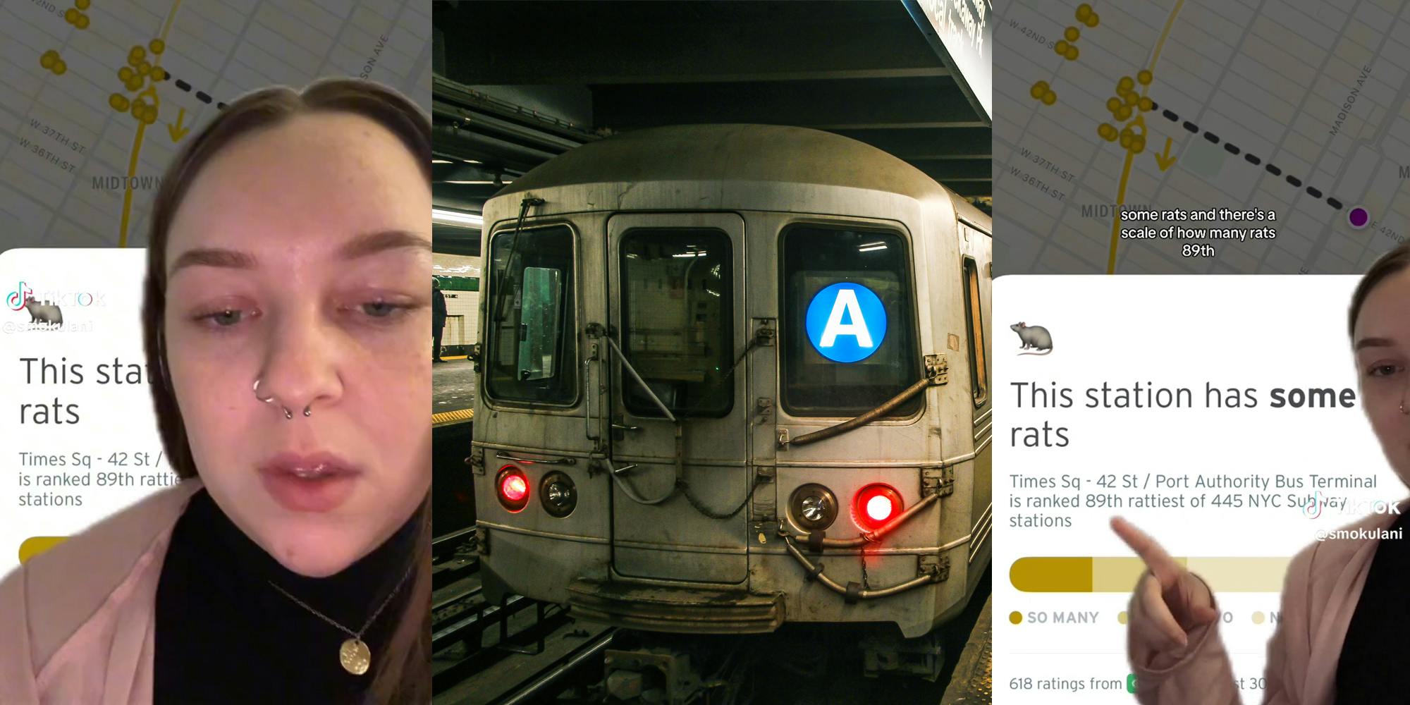 Woman in front of green screen of rat app(l), NYC Subway A train(c), Woman pointing to green screen of app showing station has some rats(r)