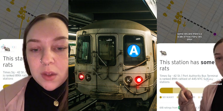 Woman in front of green screen of rat app(l), NYC Subway A train(c), Woman pointing to green screen of app showing station has some rats(r)