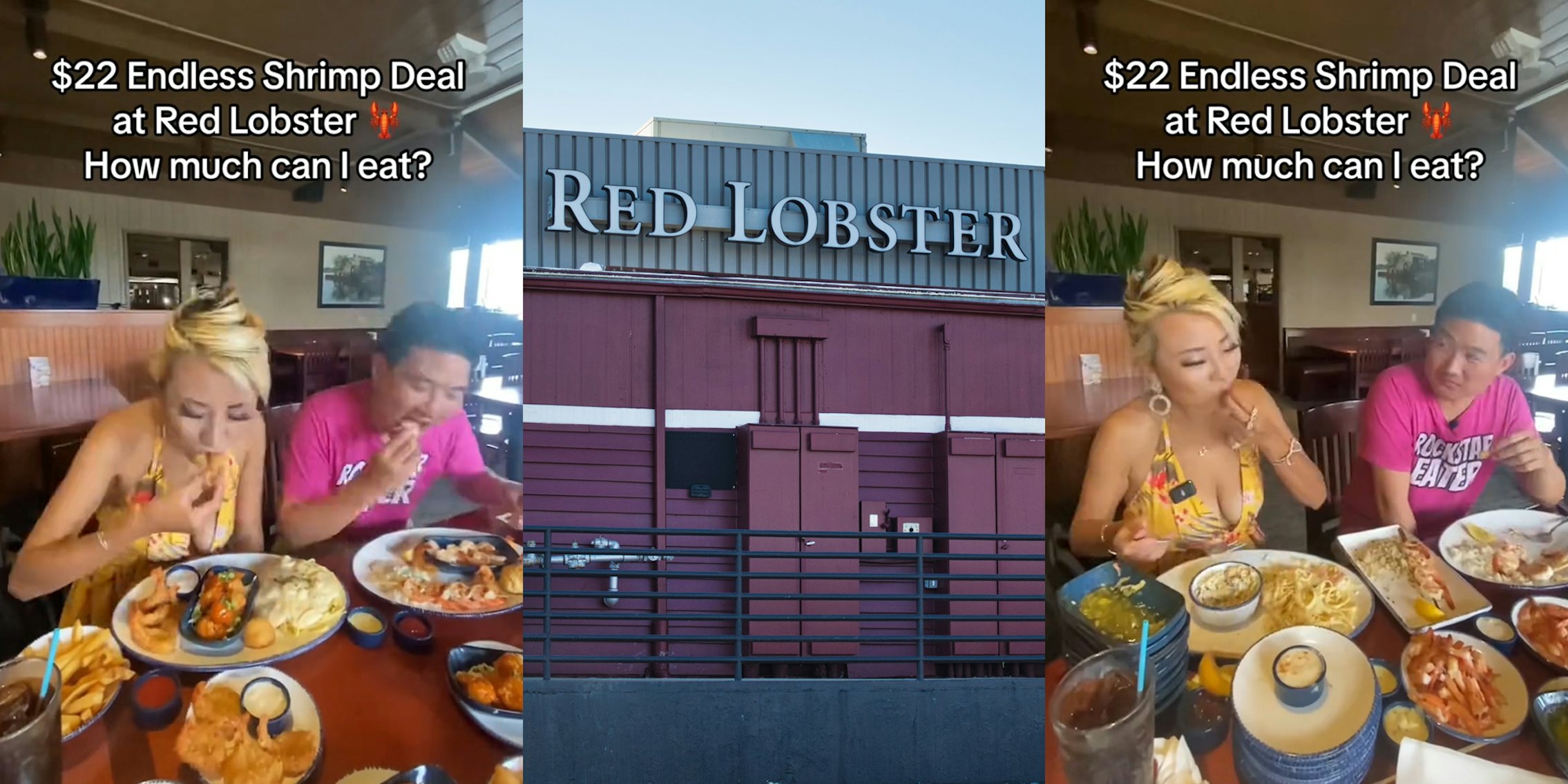 Red Lobster customers eating with caption '$22 Endless Shrimp Deal at Red Lobster How much can I eat?' (l) Red Lobster building with sign (c) Red Lobster customers eating with caption '$22 Endless Shrimp Deal at Red Lobster How much can I eat?' (r)