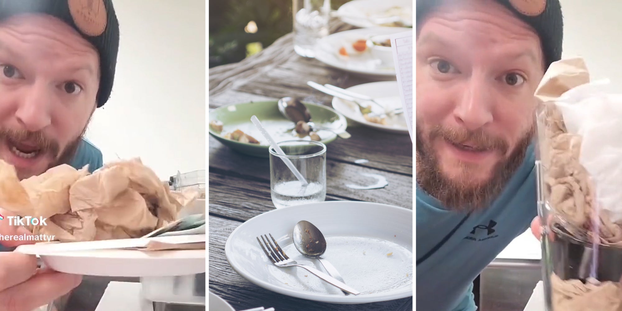 Two screenshots showing a person holding dirty plates. In the middle is a table. 