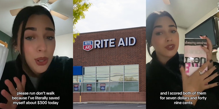 Rite Aid customer speaking with caption 'please run don't walk because I've literally saved myself about $300 today' (l) Rite Aid building with sign (c) Rite Aid customer speaking with caption 'and I scored both of them for seven dollars and forty nine cents' (r)