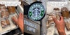 Starbucks worker grabbing bread with caption 