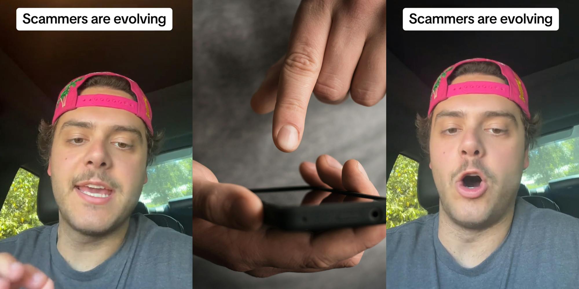 man speaking in car with caption "Scammers are evolving" (l) man holding phone about to press on call (c) man speaking in car with caption "Scammers are evolving" (r)
