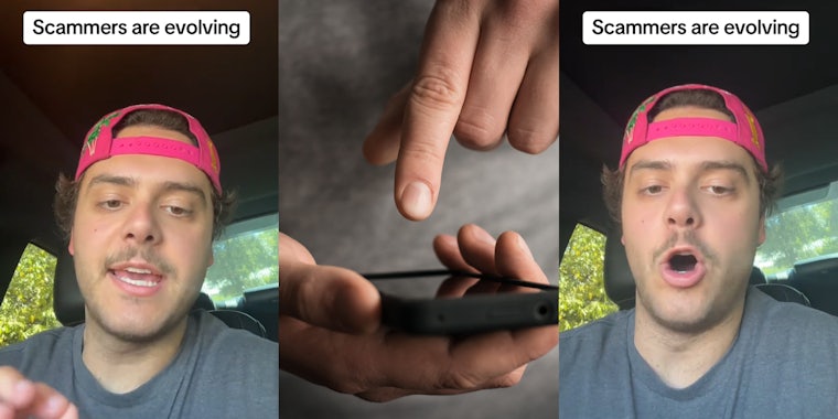 man speaking in car with caption 'Scammers are evolving' (l) man holding phone about to press on call (c) man speaking in car with caption 'Scammers are evolving' (r)
