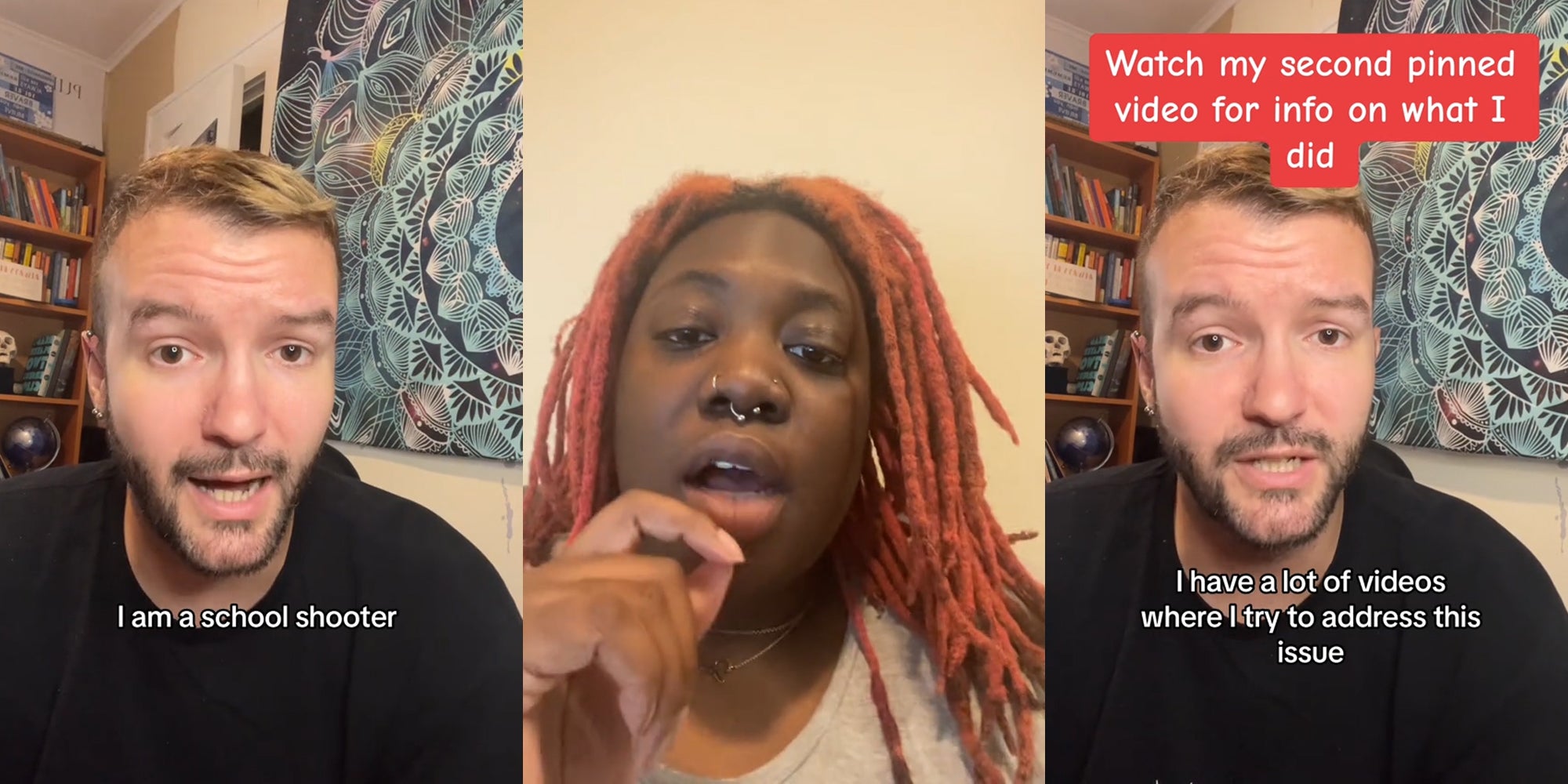 school shooter speaking with caption 'I am a school shooter' (l) woman speaking in front of tan background (c) school shooter speaking with caption 'I have a lot of videos where I try to address this issue' (r)