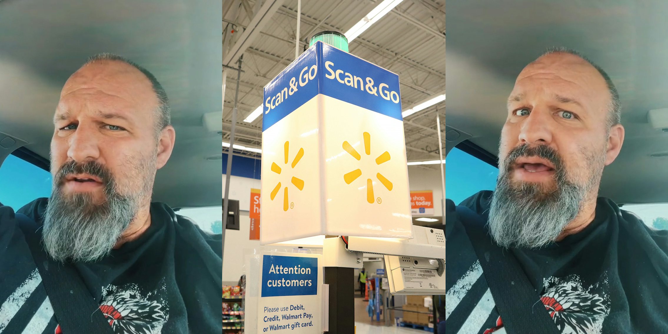 Walmart shopper speaking n car (l) Walmart elf checkout sign (c) Walmart shopper speaking in car (r)