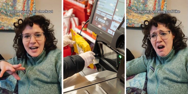 woman speaking with caption 'vast majority self checkout' (l) shopper using self checkout scanning cough drops (c) woman speaking with caption 'everyone's stealing stuff like' (r)