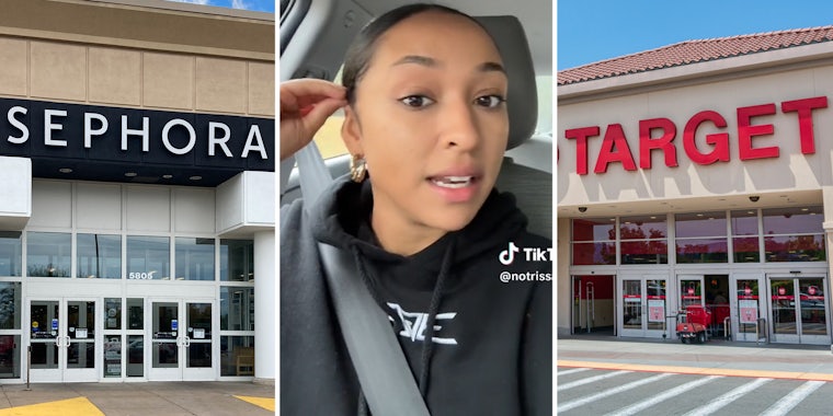 Sephora storefront(l), Woman talking(c), Target storefront(r)