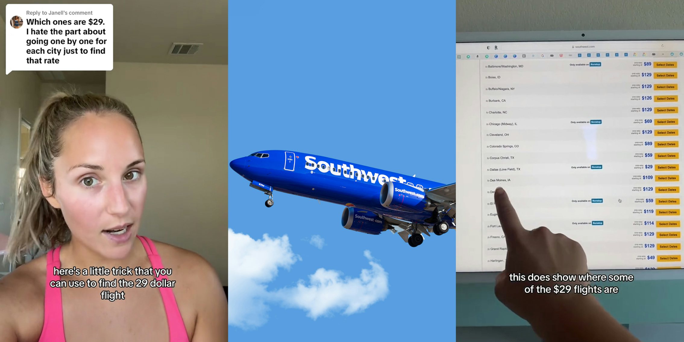 woman speaking with caption 'here's a little trick that you can use to find the 29 dollar flight' (l) Southwest airlines plane in blue sky (c) Southwest Airlines website showing flights with caption 'this does show where some of the $29 flights are' (r)