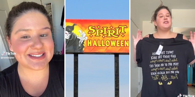 Woman talking(l), Spirit Halloween billboard(c), Woman showing off tshirt(r)