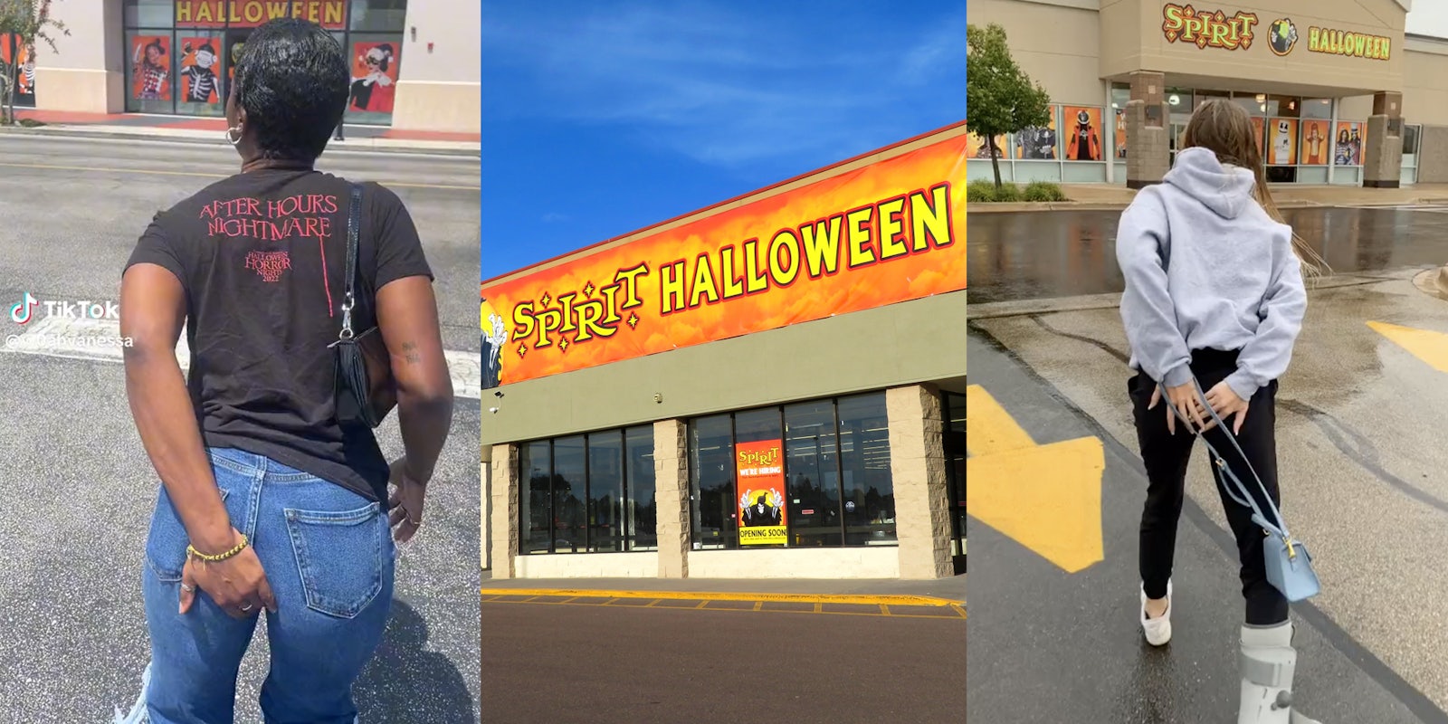 People walking to Spirit Halloween holding their seat(l+r), Spirit Halloween storefront(c)