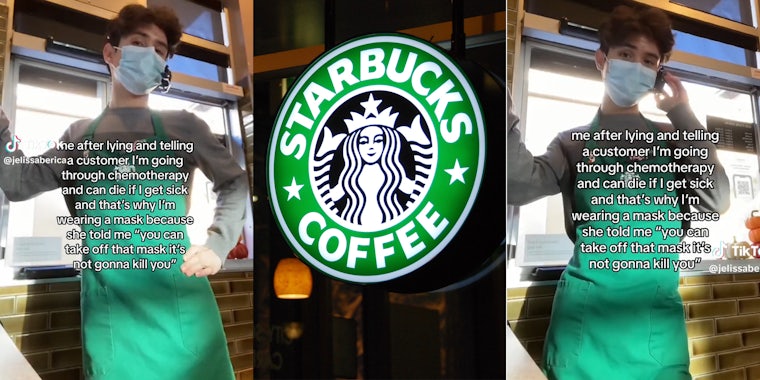 Starbucks employee with a face mask on(l+r), Starbucks sign and logo(c)