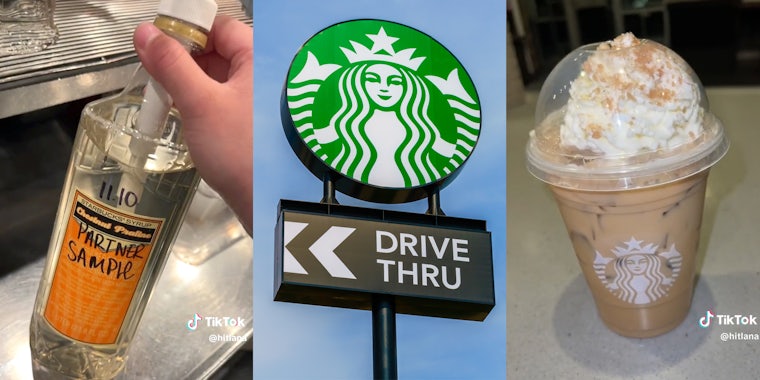 Hand holding sample starbucks syrup(l), Starbucks logo over drive-thru sign(c), Starbucks iced drink in cup with whipped cream(r)