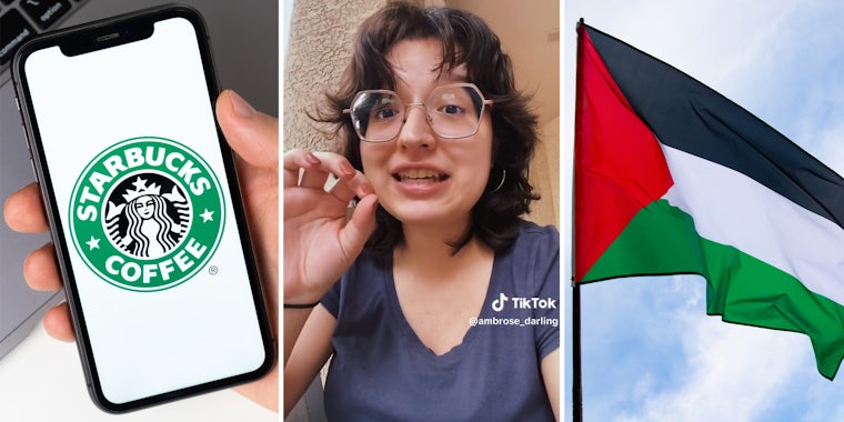 Hand holding phone with starbucks app open(l), Person talking(c), Palestinian Flag(r)