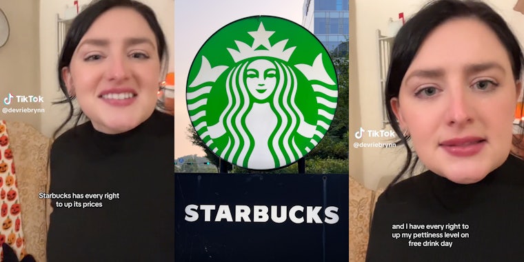 Woman smiling at camera(l), Starbucks sign(c), Woman looking annoyed(r)