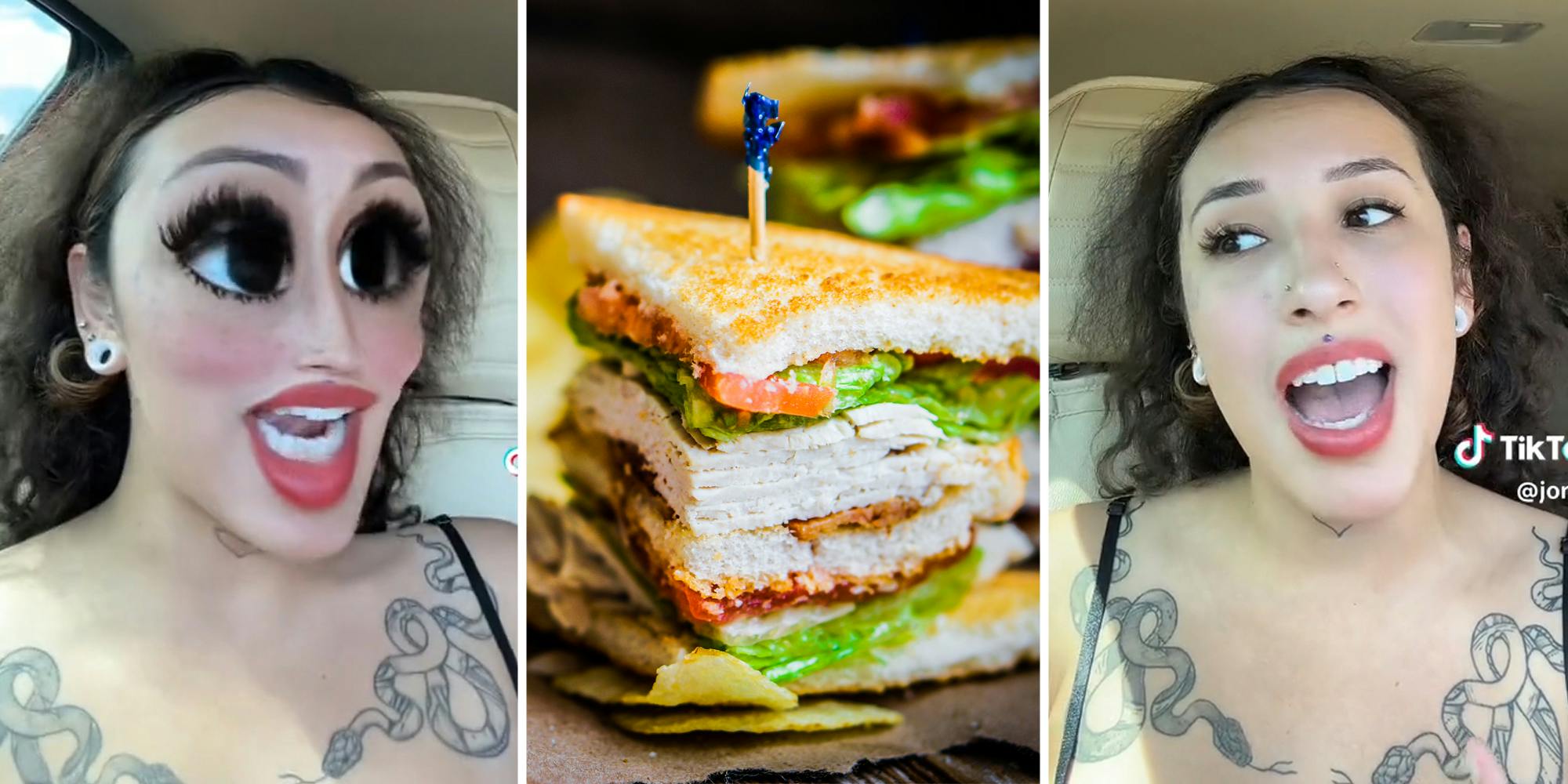 Woman talking with filter on(l), Sandwich(c), Woman talking without filter(r)
