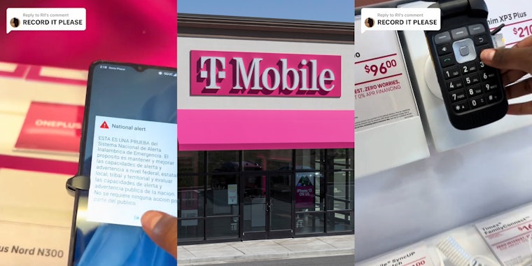 T-Mobile worker turning off alert on phone with caption 'RECORD IT PLEASE' (l) T-Mobile store with sign (c) T-Mobile worker turning off alert on phone with caption 'RECORD IT PLEASE' (r)