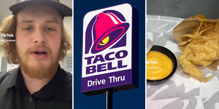 Taco bell worker(l), Taco Bell sign(c), Chips and cheese sauce(r)