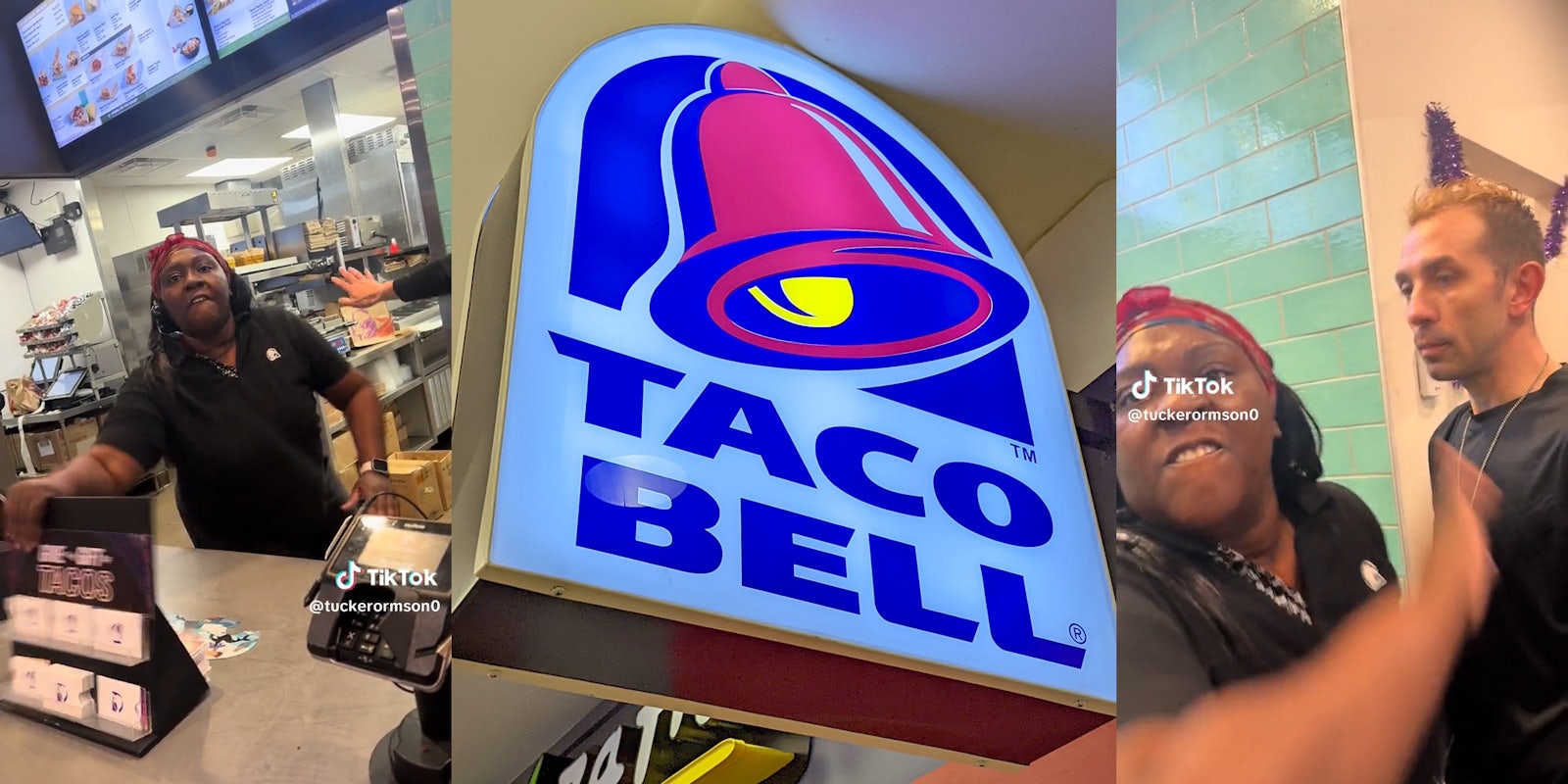 angry Taco Bell worker (l) Taco Bell sign (c) woman slapping at camera (r)