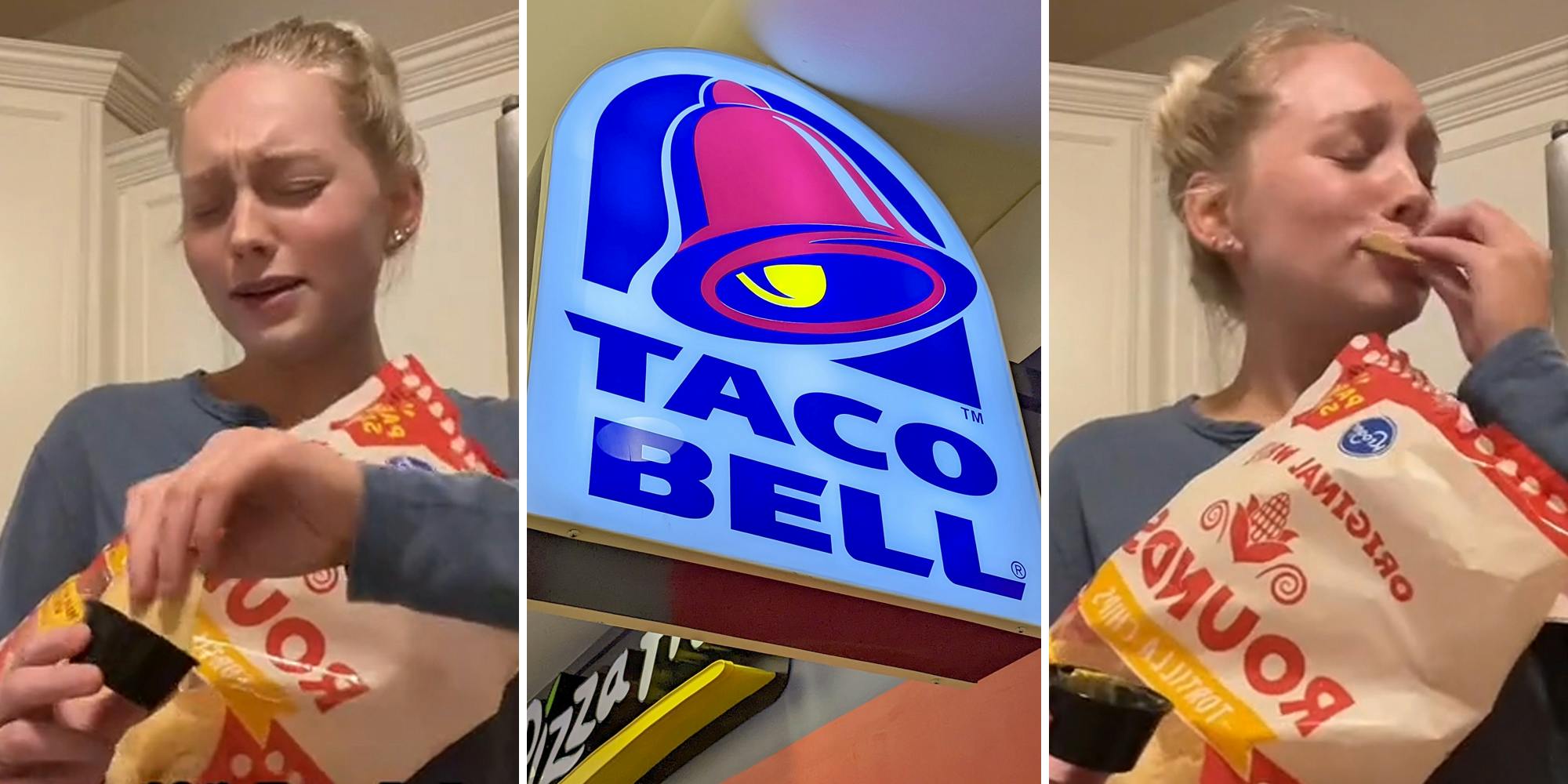 young woman eating nachos and cheese (l&r) taco bell sign (c)