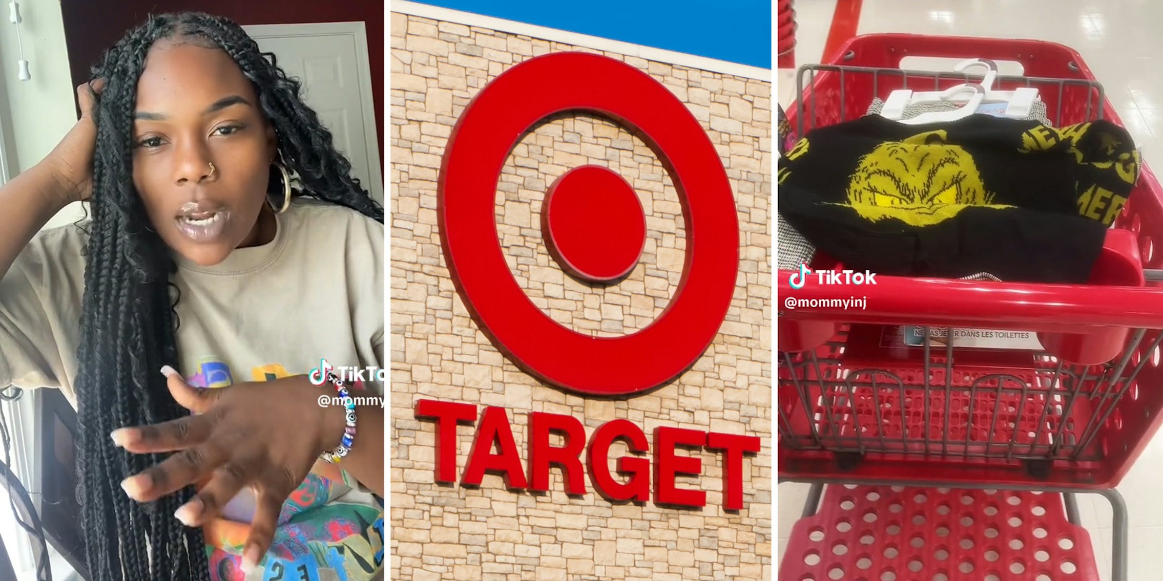 Woman talking to camera(l), Target storefront(c), Target cart(r)