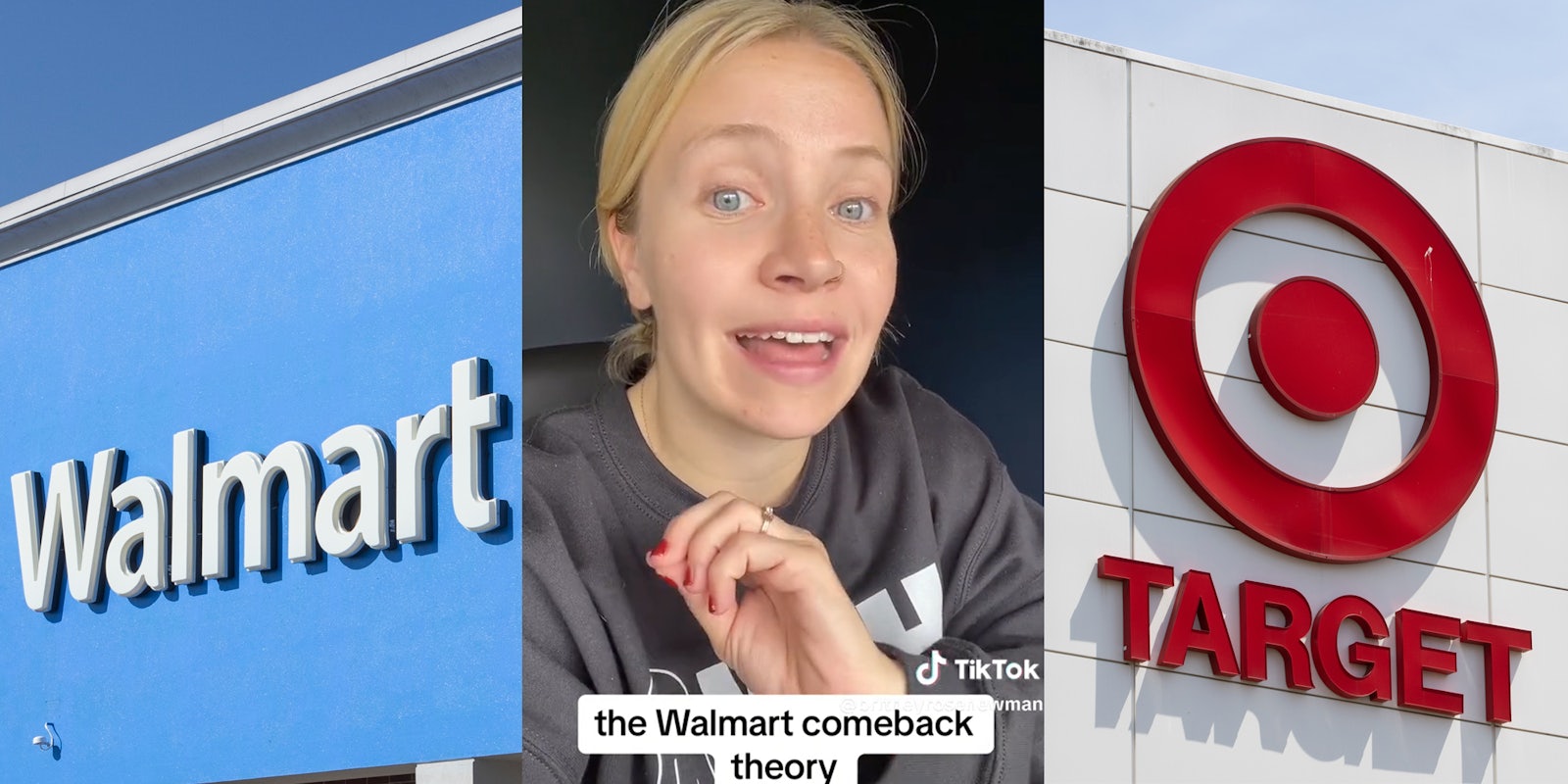 Outside of store Walmart logo on blue wall(l), Blonde woman speaking with text below that says 'the walmart comeback theory'(c), A target logo and text outside of store(r)